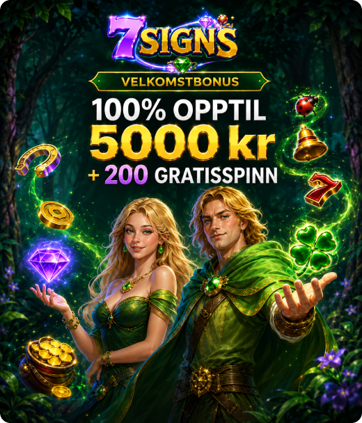 7Signs registrering med velkomstbonus på 100 % opptil 5000 kr og 200 gratisspinn