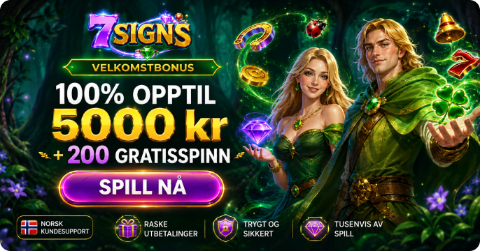 7Signs Casino Norge med 100 % velkomstbonus opptil 5000 kr og 200 gratisspinn